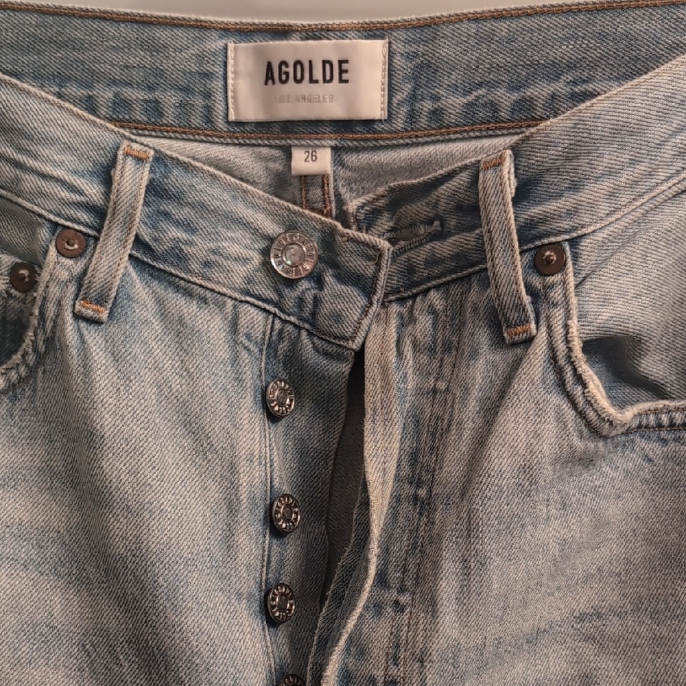 Agolde Riley High Rise Blue Straight Cropped Jeans with Distressed Knee Size 26 - Picture 3 of 7
